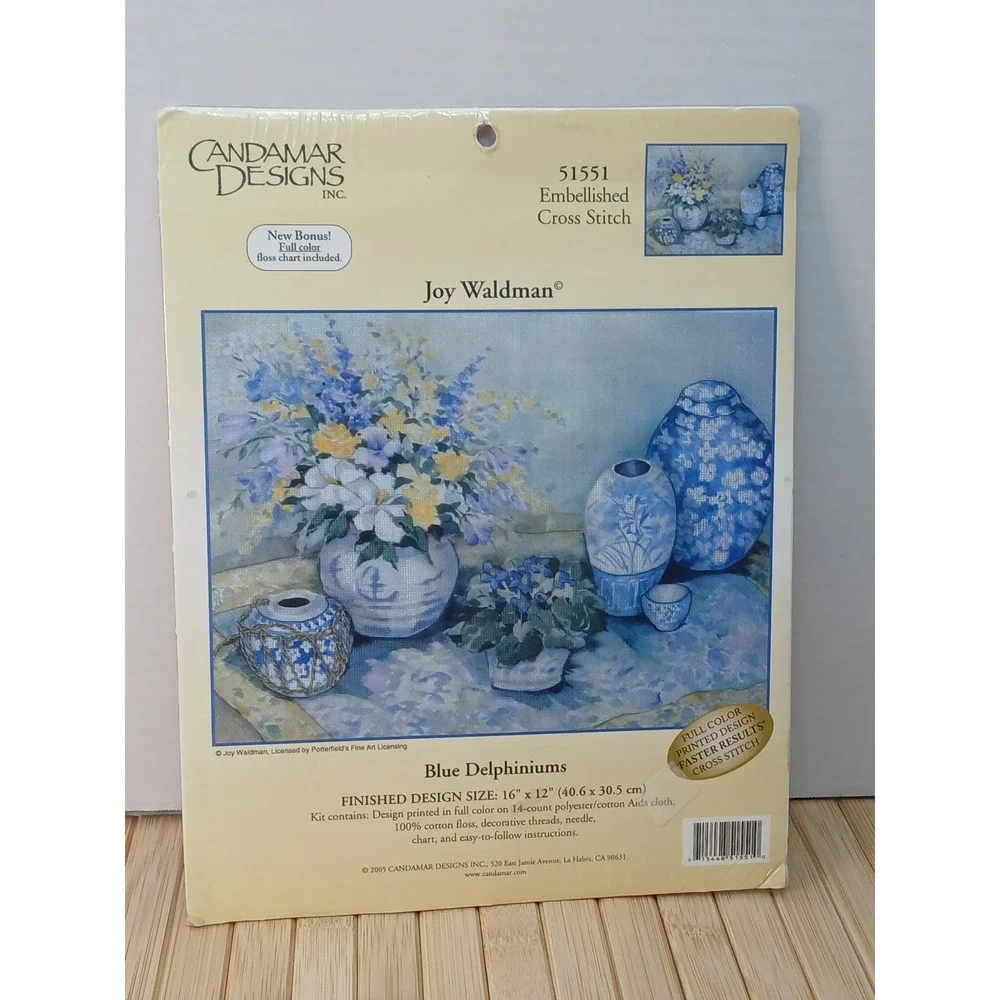 Candamar Designs Blue Delphiniums Embellished Cross Stitch Kit 51551 Joy Waldman